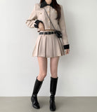 Tweed Two-Piece Crop Jacket Belt Mini Skirt Pants Set