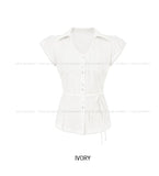 Rib Unbalanced Button Sheer Blouse