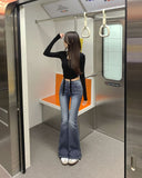 Hip Pad Back Pocket Embroidery Slim Bootcut Span Denim Pants