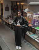 Seri glossy crack leather hoodie field jacket