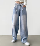 String Stopper Washing Long Wide Denim Pants