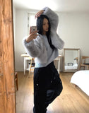 Hoa color matching hooded zip-up fur jacket
