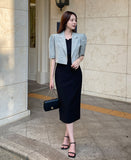 Beilb Linen Puff Collar Check Crop Jacket