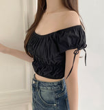 Lovely Hip Shoulder Ribbon Banding Off-shoulder Short Sleeve Blouse