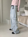 Washed Pocket Cargo Light Blue Long Wide Denim Pants
