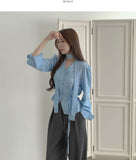 Waist Strap Neck Tie Balloon Puff Blouse