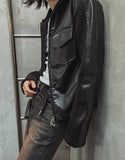 [LANARCH] Amber Leather Pocket Neck Zip-Up