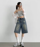 Backpoint Pocket Washing Bermuda Scratch Knee Length Denim Pants