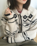 Jeber Deer Nordic Round Collar Knit Cardigan