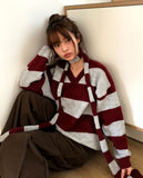 [Muffler SET] Phu Stripe Color Matching V-Neck Loose Fit Long Sleeve Long Knit