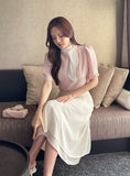Kain Puff Color Matching Tie-Neck Short Sleeve Blouse