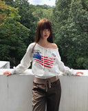 Burnoon American Flag Strap One Off Shoulder Long Sleeve Zip-up