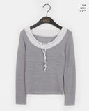 Lasso striped string layered outer brushed color matching off-shoulder T-shirt