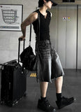 Adjust cut black denim bermuda pants