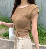 Punching Strap Ribbon Point Crop Short Sleeve Knit