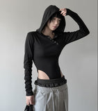 Cutout Bodysuit Unbalance Snap Hood