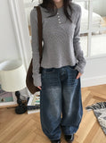 Shuji Flower Waffle Henley Neck Long Sleeve Tee