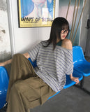 Mats Stripe One Off Shoulder Overfit Short Sleeve T-Shirt