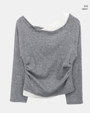 Royu Unbalanced Color Matching Shirring One-Off Shoulder Long Sleeve T-Shirt