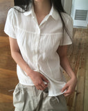 Terrine round collar lace puff short sleeve blouse