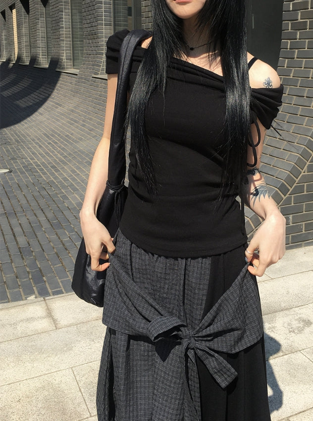 【Anyone more】Tujeu Check Wrap String Layered Skirt Anyone more (エニワンモア) - トゥジュチェックラップ