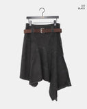 [Belt SET] Poor cut washed unbalanced cotton midi skirt