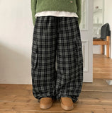 Honko check banding string wide cargo pants