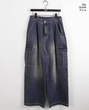 [MADE] Uko Pintuck Cargo Back Banding Long Wide Denim Pants