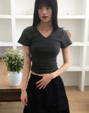 Monb Side Shirring V-Neck Short Sleeve T-Shirt
