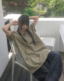 Kio check button strap short sleeve one-piece dress