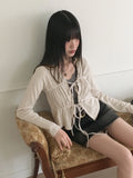 Dati Strap Shirring Ribbed Long Sleeve Cardigan