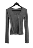 Wet Button Slit Zipper Long Sleeve Top