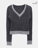 Lipin Color Matching V-Neck Slim Boucle Long Sleeve Knit