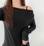 Boat Neck Off-Shoulder Knit Long Sleeve Slit Slim Fit T-Shirt