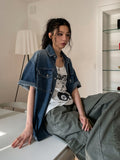 Ruff unbalanced pocket denim short sleeve shirt