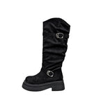 Double Buckle Suede Platform Sole Long Boots