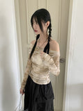 Lutz See-Through Tie-Dye Printing Shirring Mesh Long Sleeve Off-Shoulder T-Shirt