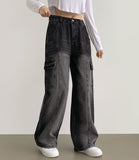 Cargo Pocket Washing Cut Line Wide Fit Denim Pants