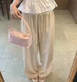 Frill Stripe Vacation Look Summer Wide Banding Pants