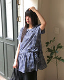 Purip Ribbon Strap Round Collar Check Mini One-Piece Dress