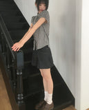Chili Check Frill Puff Short Sleeve Blouse