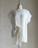 [Two-piece set] Lydia Belt Strap Linen Tee Blouse Banding Flare Skirt