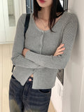 Toss Ribbed Color Matching Round Crop Long Sleeve Cardigan