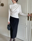 Dielb Half Neck Unbalanced Drape T-Blouse