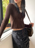 Nakky Vintage V-Neck Ribbon String Punching Ribbed Crop Long Sleeve Knit