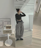 Unique Belt Loop Sweat Brushed Sagging Wide Pants