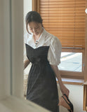 Eron Color Matching Heart Neck Puff Short Sleeve Shirt One Piece