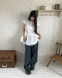 Kaea check color matching frill banding wide pants