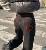 Raw Unique Red Stitch Heart Point Embroidery Wide Denim Pants