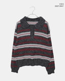 Cuff Stripe Color Matching Collar Loose Fit Long Sleeve Knit